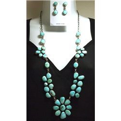 Navajo Kingman Turquoise Sterling Silver Long Necklace & Earrings Set - Raymond Beard