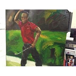 35" X 47" OIL ON CANVAS PAINTING OF TIGER WOODS