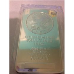 10 OZ .999 PURE SILVER SUNSHINE BAR WITH MORGAN DOLLAR INLAY