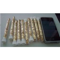 10 LARGE VIALS OF GOLD FLAKES, 4 