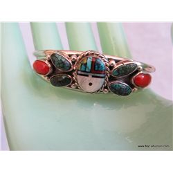 Sterling Silver Cuff w/ Inlaid Sun Face Turquoise  & Coral