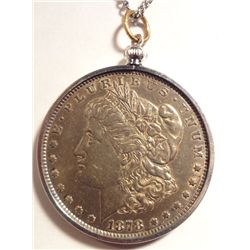 1878 Morgan Silver Dollar mounted as necklace on silver color  24" chain