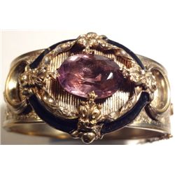 Fabulous Vinage Cuff Bracelet with "Amethyst" type stone, Safety chain