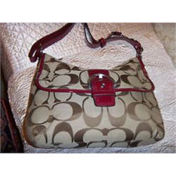COACH PURSE Soho Signature Flap Duffle Khaki & Red, New with Tags Retails $298