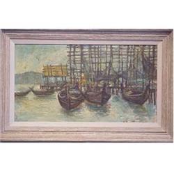 American School (20th Century) MARINE BOATS, oil painting on canvas board, 16 1/2 x 30", paint lo...