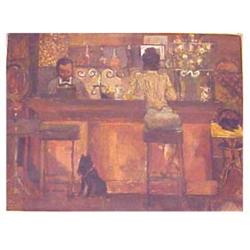 Block (20th Century) American FRENCH BAR, oil painting on board, 13 1/2 x 17", signed lower right...
