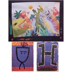 Boehn (20th Century) American DINOSAURS PLAYING BASKETBALL, airbrush acrylic painting on paper, 2...