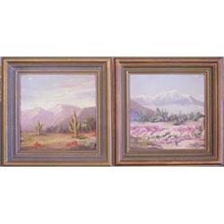 California School (20th Century) DESERT SCENE, (two) each oil painting on board, 5 x 5", signed M...