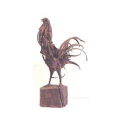 Pedro Cervantes (b.1933) Mexican ROOSTER, 1966, weld steel sculpture mounted to a wood base, 24 1...