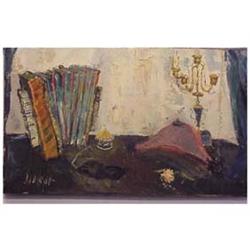 Gabriel Dauchot (b. 1927) French TABLE STILL LIFE, oil painting on canvas, 23 1/2 x 39", signed l...