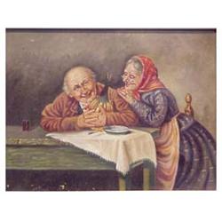 European School (19th Century) COUPLE AT THE TABLE, oil painting on canvas, 13 x 17", signed lowe...