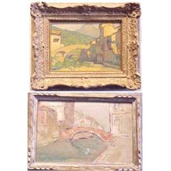 European School (20th Century) RIVER'S BRIDGE, oil painting on canvas, 11 x 16", framed; Together...