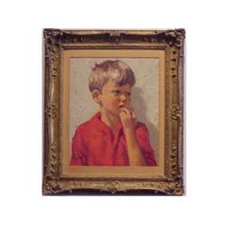 Florion (20th Century) BOY EATING APPLE, oil painting on board, 20 1/2 x 16", signed lower left,...