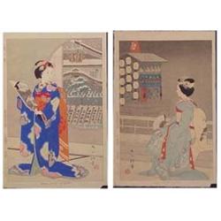 Japanese School (20th Century) SNOW SCENE OF KYOTO; FESTIVAL OF KYOTO, two color woodblock prints...