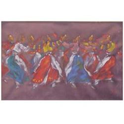 Korean School (20th Century) DANCERS, painting on fabric, 6 x 9", signed and dated lower right, f...