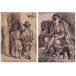 Afranio Metelli (20th Century) SEATED BOY WITH ANIMALS; WALKING COUPLE, 1965, a pair of ink drawi...