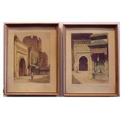 Middle East School CITY VIEWS, a pair of color etchings, each signed in pencil, image 9 x 6 1/2",...