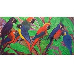 Hunt Slonem (20th Century) American EXTINCT MACAWS, 1987, oil painting on canvas, 38 x 72", title...