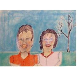 Folk & Outsider Art MAN & WOMAN OUTSIDE, ink & watercolor on paper, 17 1/4 x 23 1/2", framed. Sta...