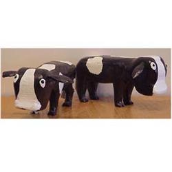 Folk & Outsider Art TWO COWS, a pair of hand painted carved wood sculpture, each 7" long & 3 1/2"...