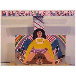 Folk & Outsider Art PIN DOWN HOLD DOWN, hand painted cut wood sculpture, 14" high, 19" wide. Star...