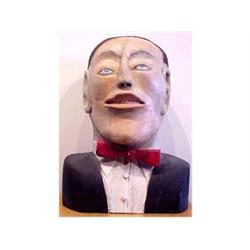 Folk & Outsider Art BUSTE OF MAN WITH RED BOWTIE, a large hand painted carved wood sculpture, 19"...