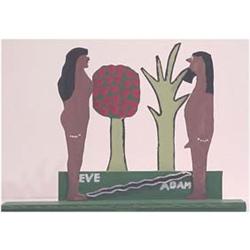 Folk & Outsider Art ADAM AND EVE, hand painted cut wood sculpture, 18" long & 13" wide & 4" deep....