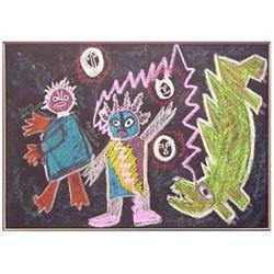 Folk & Outsider Art Cher Shaffer, DRAGON DOG PRACTICES THOUGHT TRANSFERENCE, color pastel on pape...