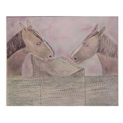 Folk & Outsider Art James, TWO HORSES MEET, ink & color pastel on paper, 13 1/2 x 16 1/2", framed...