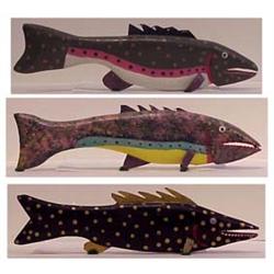 Folk & Outsider Art Jim Lewis, TROUT, 1991, three hand painted carved wood sculpture with metal a...