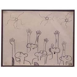 Folk & Outsider Art Tellosa, RAISED ARMS, 1962, ink drawing on paper, 7 x 9", signed and dated, f...