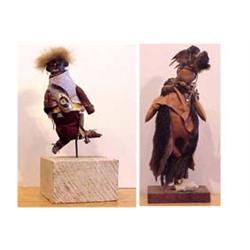 Folk & Outsider Art FOLK DOLLS, two mixed media assemblage crafts, each mounted to a wood block,...