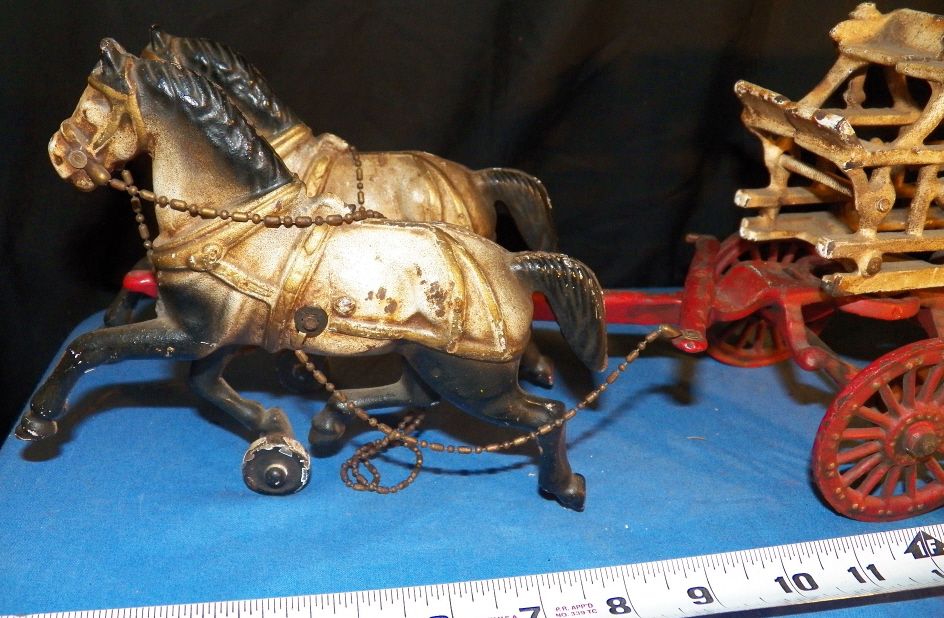 Vintage Cast Iron Fire Wagon & Horses Horse Drawn Fire Truck with