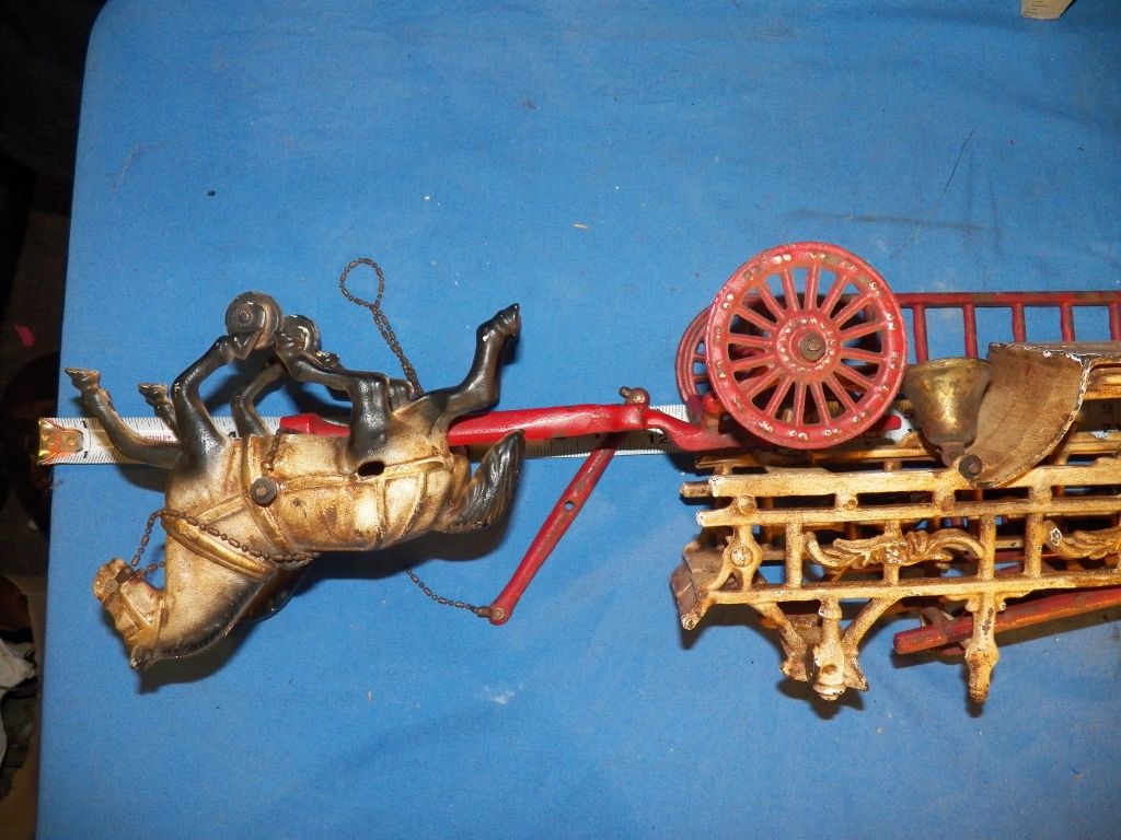 Vintage Cast Iron Fire Wagon & Horses Horse Drawn Fire Truck with