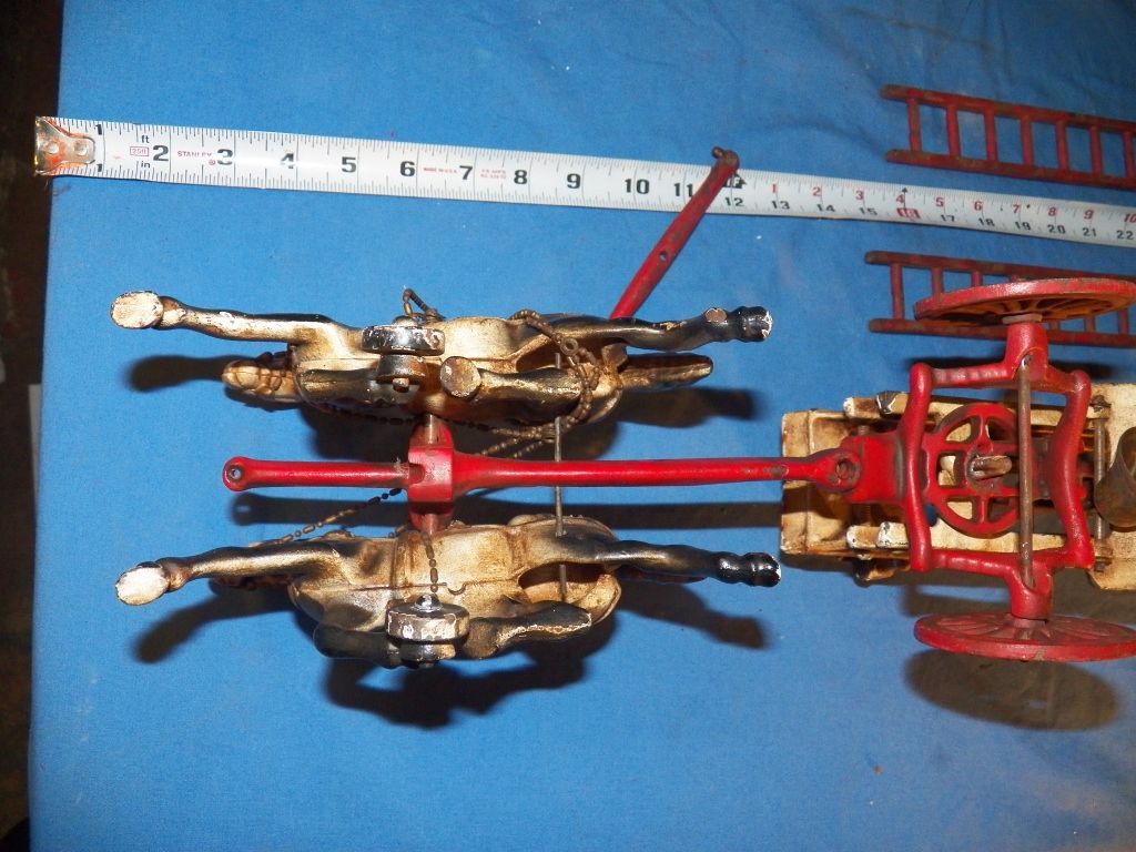 Vintage Cast Iron Fire Wagon & Horses Horse Drawn Fire Truck with