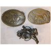 Image 1 : 3 Belt Buckles Solid Brass Pony Express 1981 Buckle, 1-Hunting Dog Solid Brass Buckle & 1-Pewter Buc