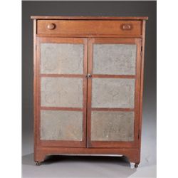 American stained pine pie safe, original tins