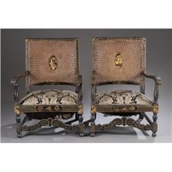 Pair of continental chinoiserie caned back chairs.