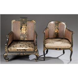 2 continental chinoiserie caned back arm chairs.