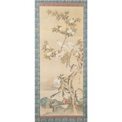 Japanese Scroll with birds on a flowering branch.