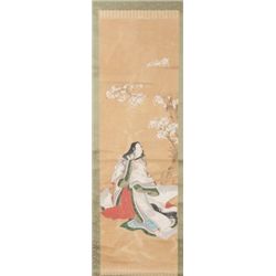 Japanese scroll of woman beneath flowering tree.
