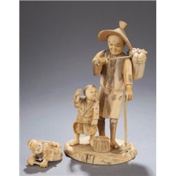 19thc. carved Japanese ivory farmer and son.