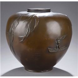 Chinese bronze rounded vase w/ fisherman, bamboo