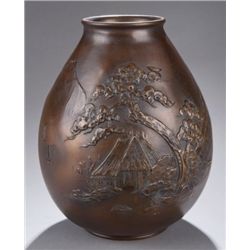 Chinese bronze vase with house, trees, mountain