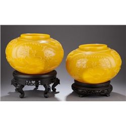Pair of Chinese yellow peking glass bowls.