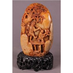 Carved hardstone fishing figural scene w/ base.