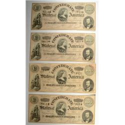 4  1864 $100 Confederate  notes AU/CU  consecutive #'s  RARE est $725-$750