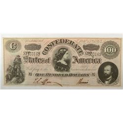 1864 $100 Confederate AU/CU misaligned reverse est $150-$175