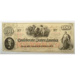 1862 $100 Confederate  note AU/CU   est $125-$150
