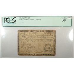 1777   South Carolina COLONIAL CURRENCY  $30 note  PCGS30  RARE  est $875-$900